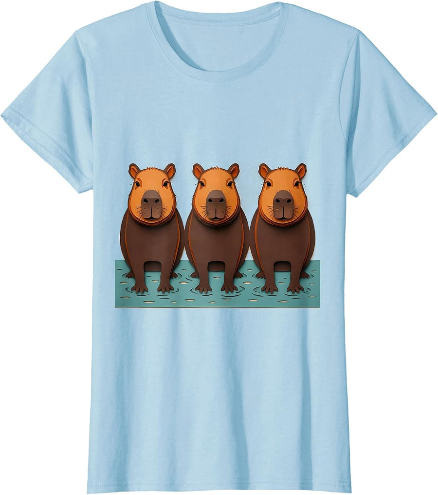 Women's Capybara Silhouettes Paper Cutout Funny Animal Lover T-Shirt - Baby Blue