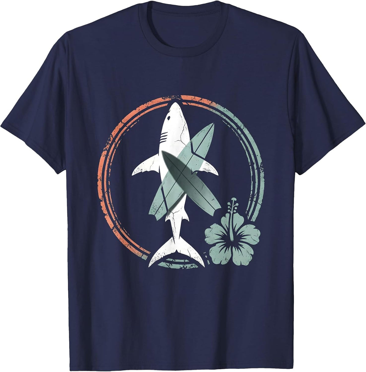 Great White Shark Under Surfboard Hawaiian Design T-Shirt - Navy Blue