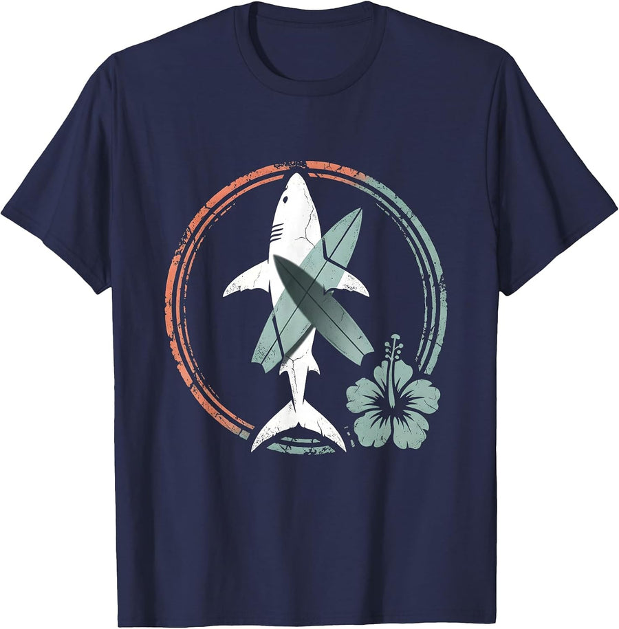 Great White Shark Under Surfboard Hawaiian Design T-Shirt - Navy Blue