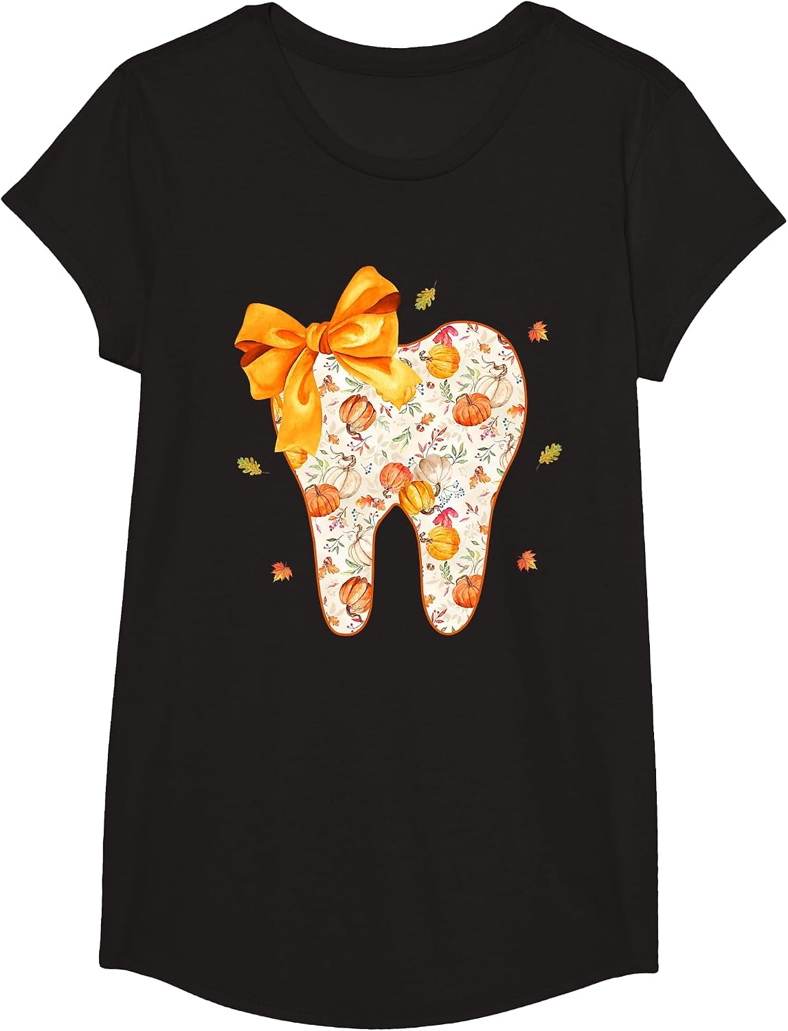 Coquette Bow Fall Tooth Dental Assistant Hygiene Oral RDH T-Shirt - Girls Black