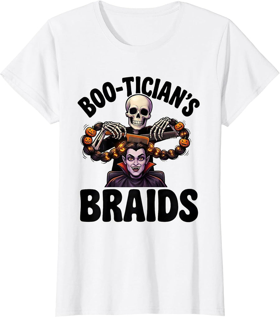 Women's Boo-tician's Braids Cartoon Skeleton Hairstylist Halloween T-Shirt - White