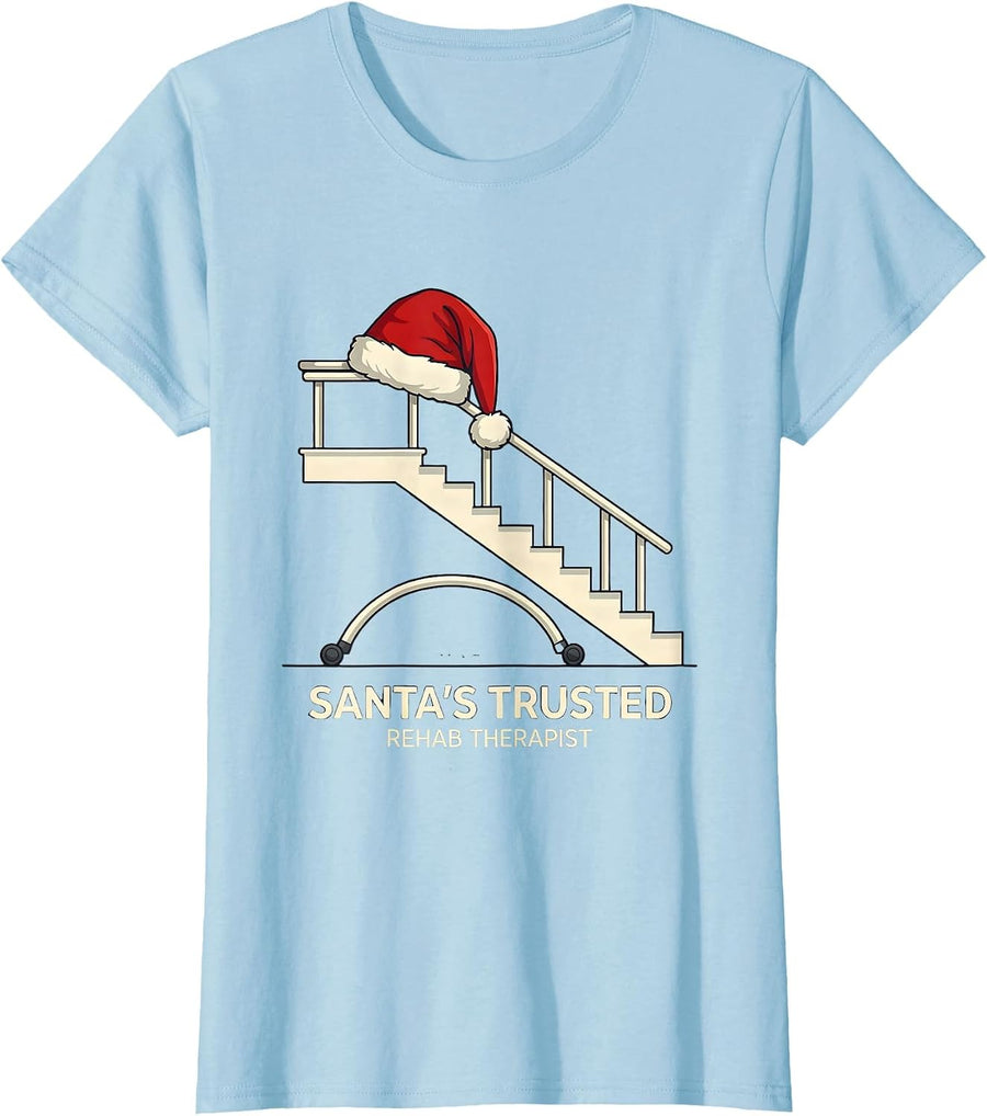 Women's Santa's Trusted Rehab Therapist Funny Physical Therapy T-Shirt - Baby Blue