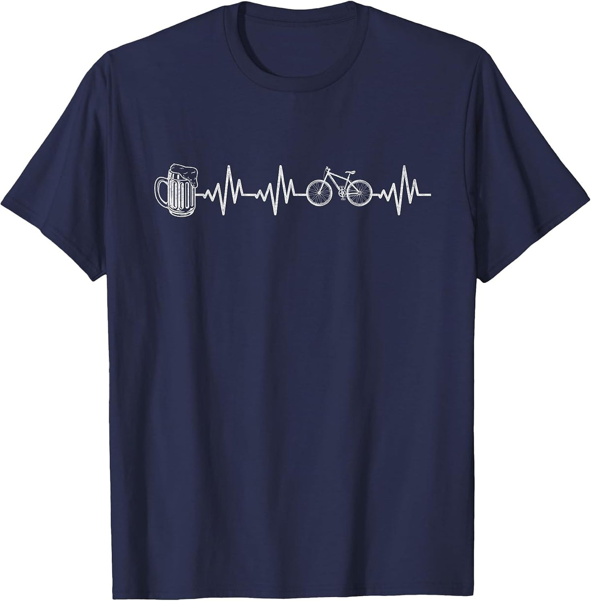 Mountain Bike Heartbeat Cycling Bicycle and Beer Cyclist T-Shirt - Navy Blue