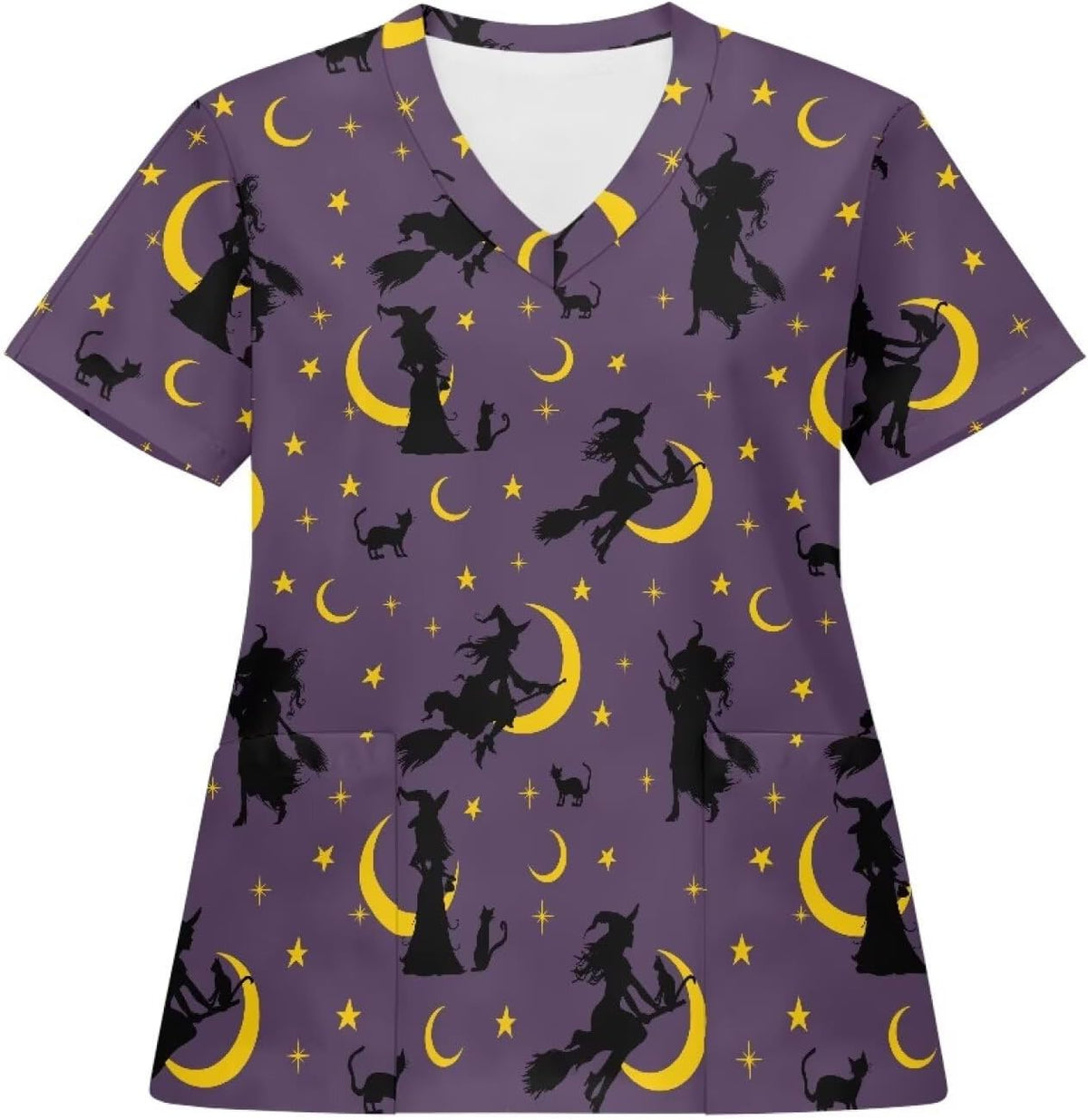 Uourmeti Scrub Tops for Women Soft 4-Way Stretch V-Neck Medical Scrubs - Witch Moon Star