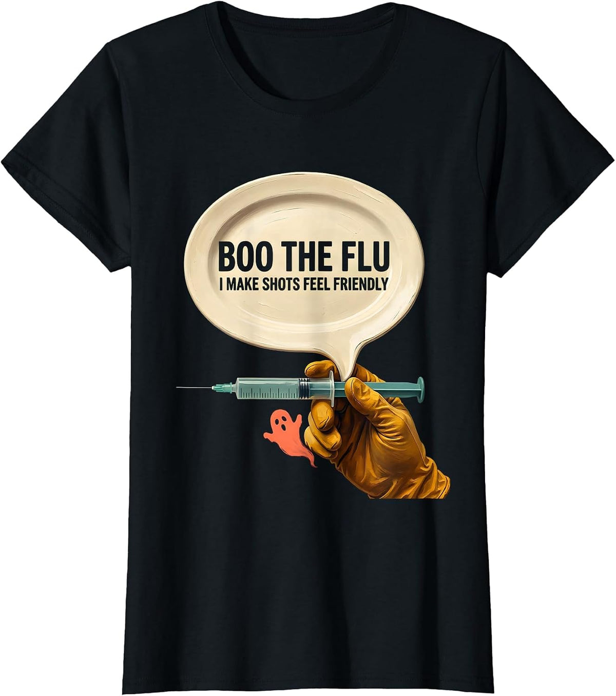 Women's Boo the Flu, I Make Shots Feel Friendly Funny Nurse T-Shirt - Black