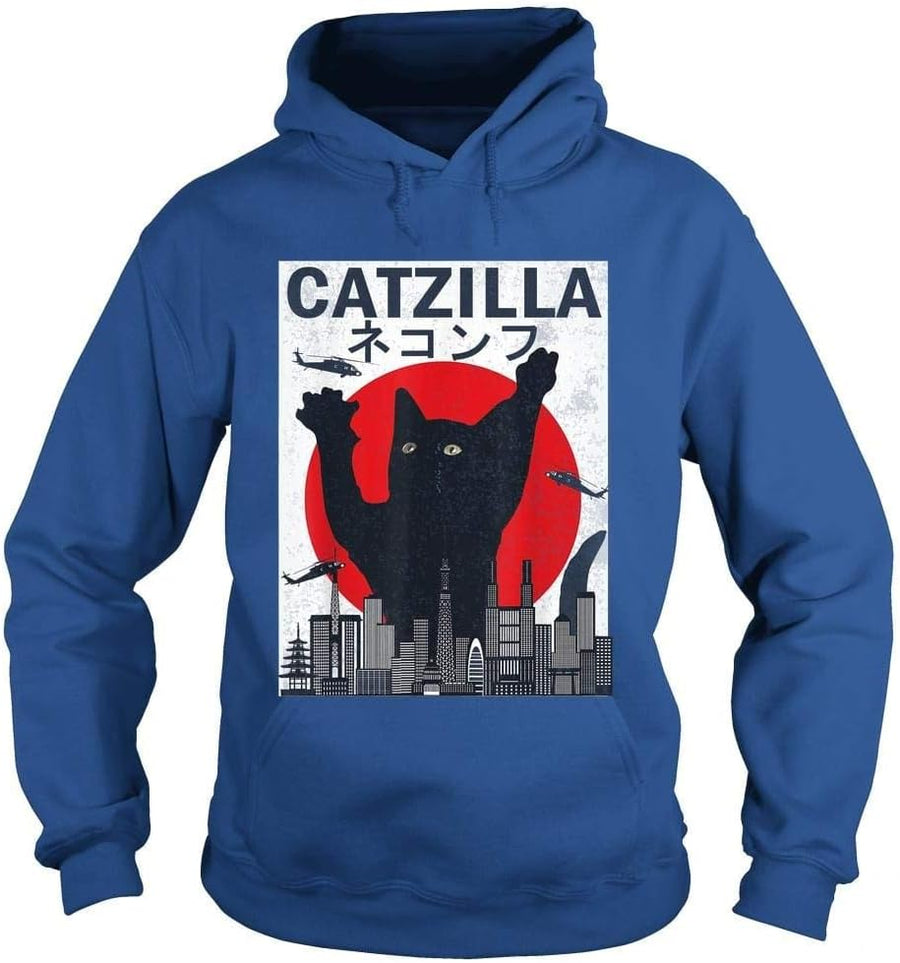 BustedTees Cat Vintage Catzilla Japanese Sunset T-Shirt for Men and Women - Quality Men's Unisex Shirts - Adult Hoodie Royal