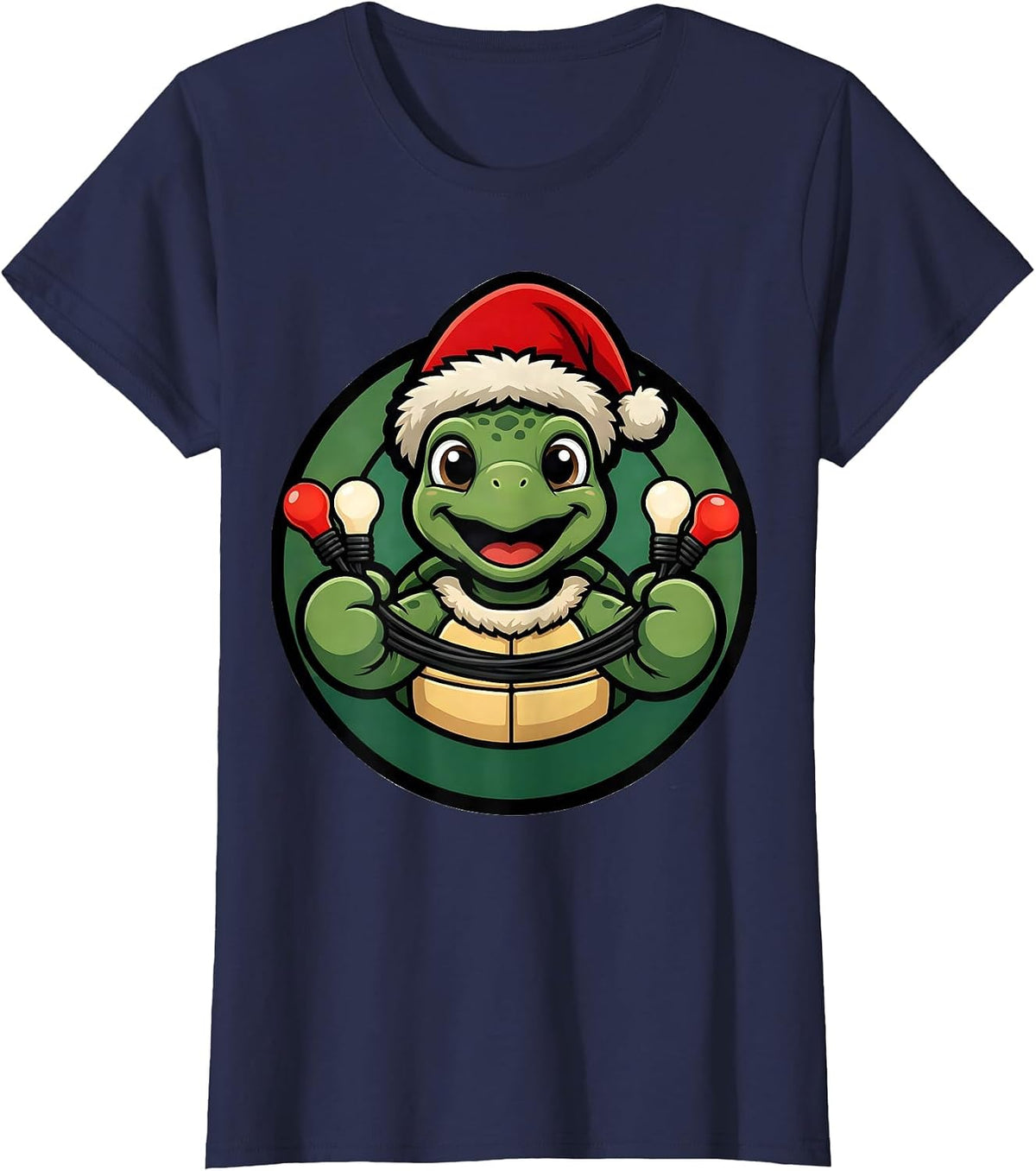 Women's Sea Turtle Santa Hat Mascot Logo Christmas Lights Novelty T-Shirt - Navy Blue