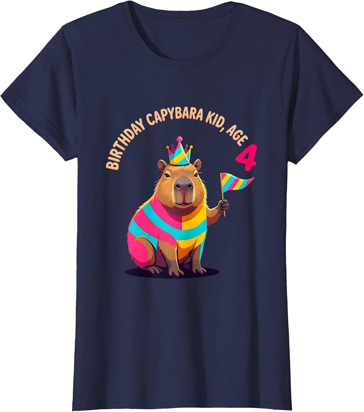 Women's Birthday Capybara Kid Age 4 Colorful Party Animal Humor T-Shirt - Navy Blue