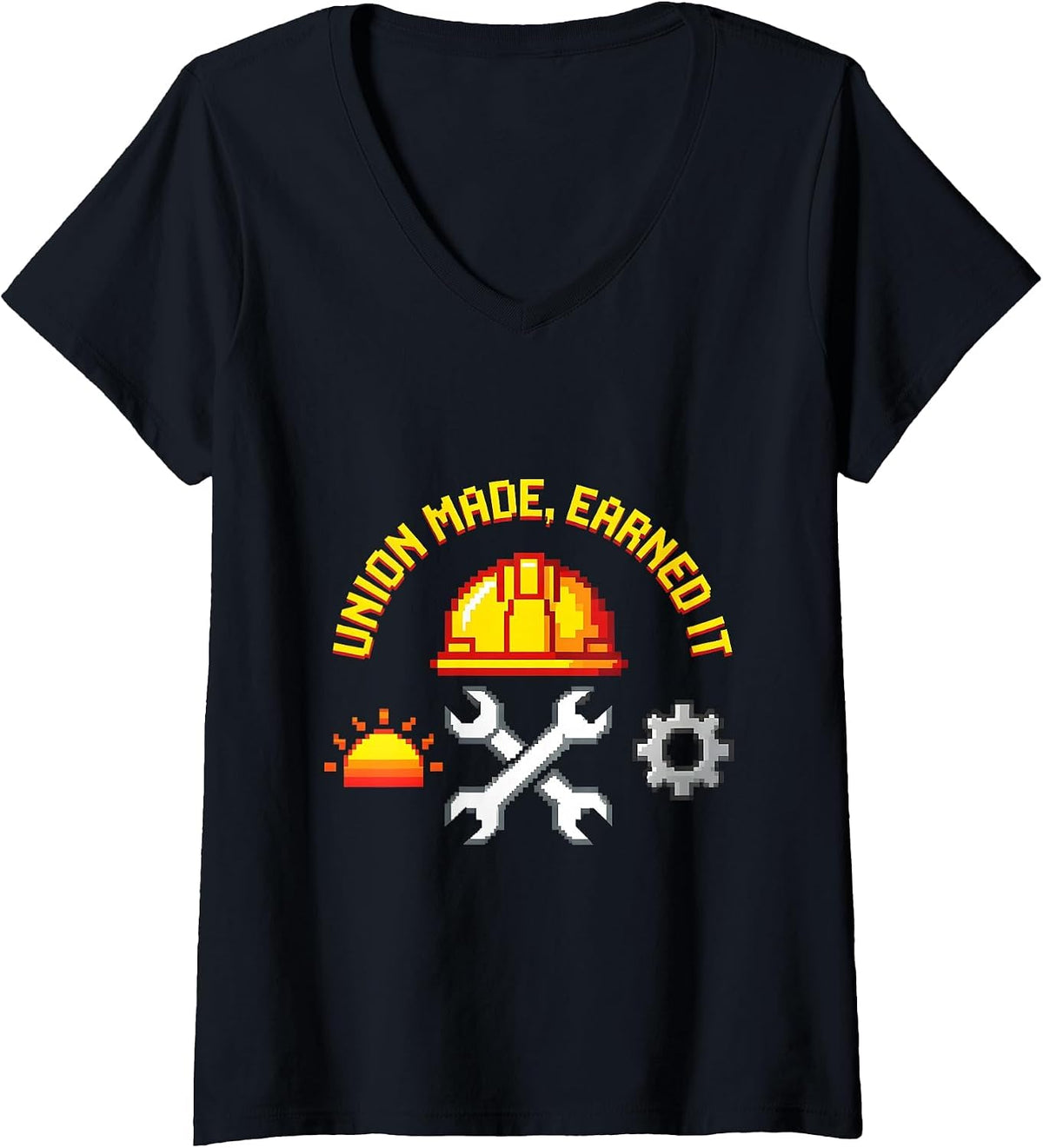 Women's Union Made, Earned It Retro Badge Design V-Neck T-Shirt - Black