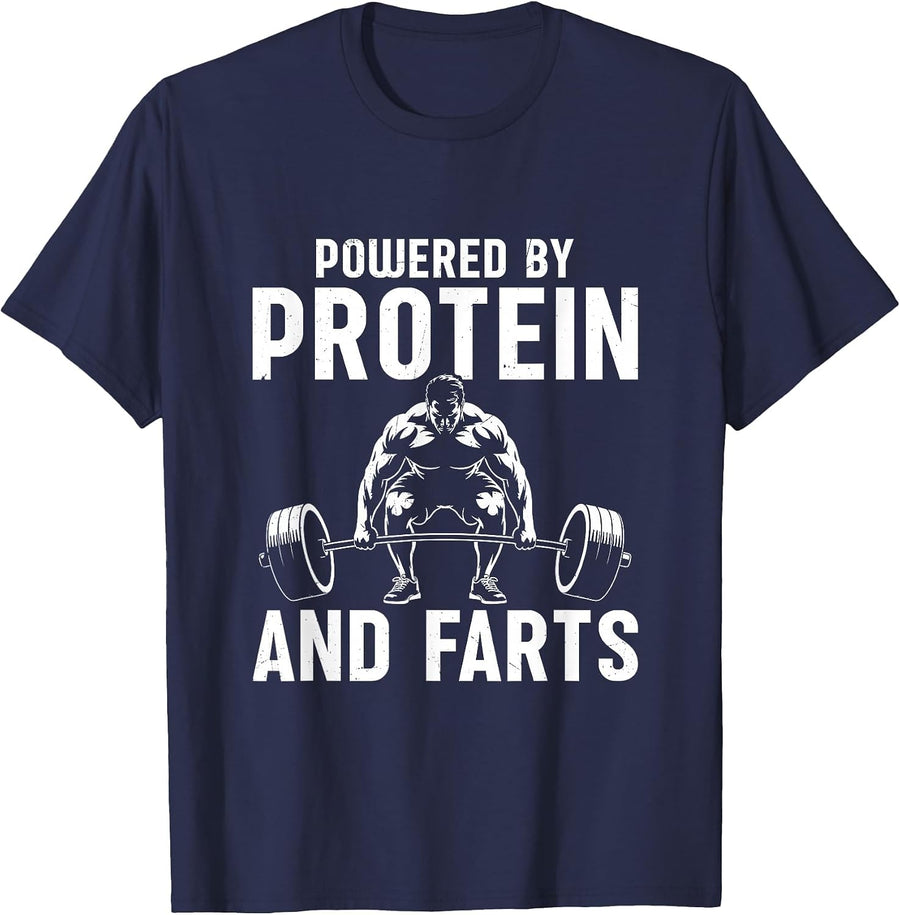 Men's Powered by Protein and Farts Funny Lifting T-Shirt - Navy Blue