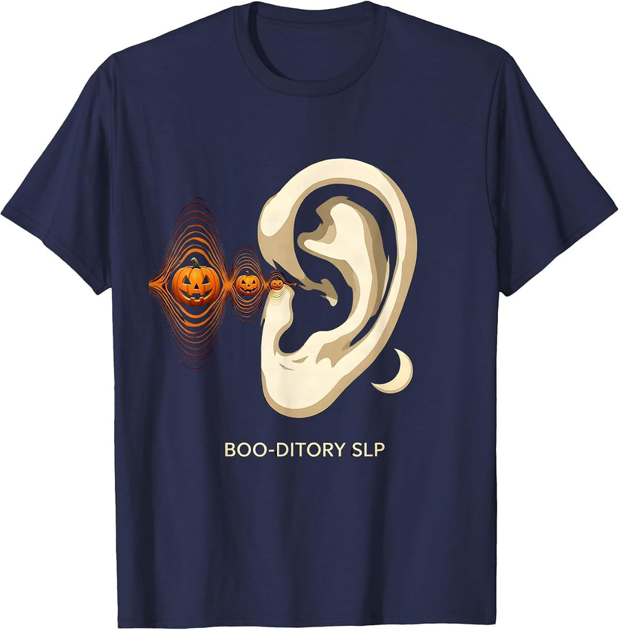Boo-ditory SLP Funny Speech Therapy Halloween Therapist T-Shirt - Navy Blue
