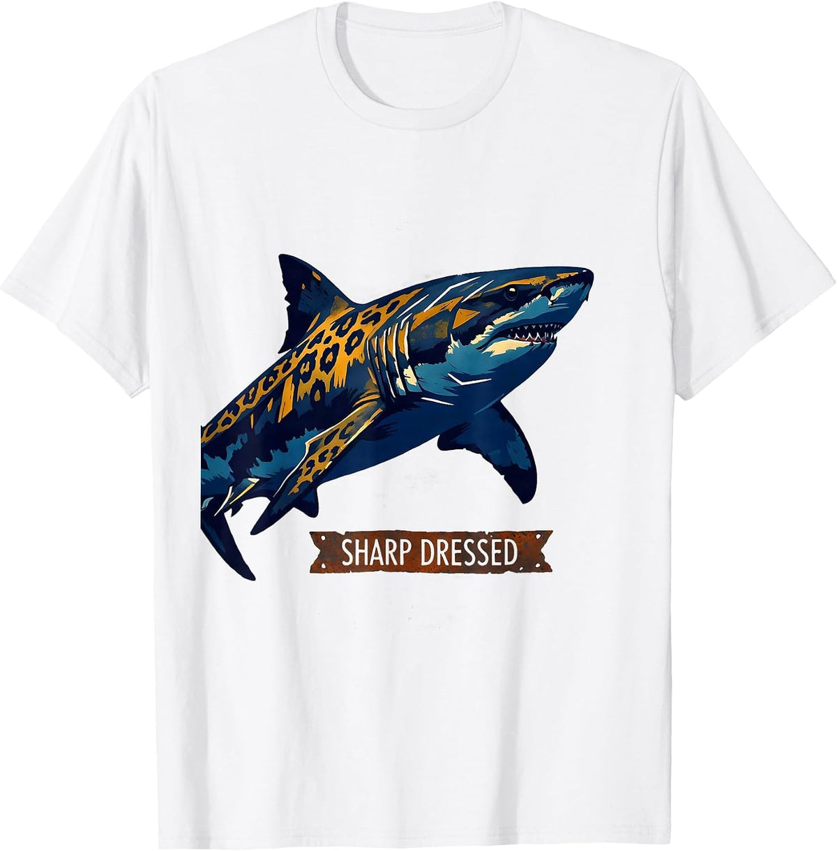 Men's Sharp Dressed Linocut Leopard Shark Humor Marine Biology T-Shirt - White
