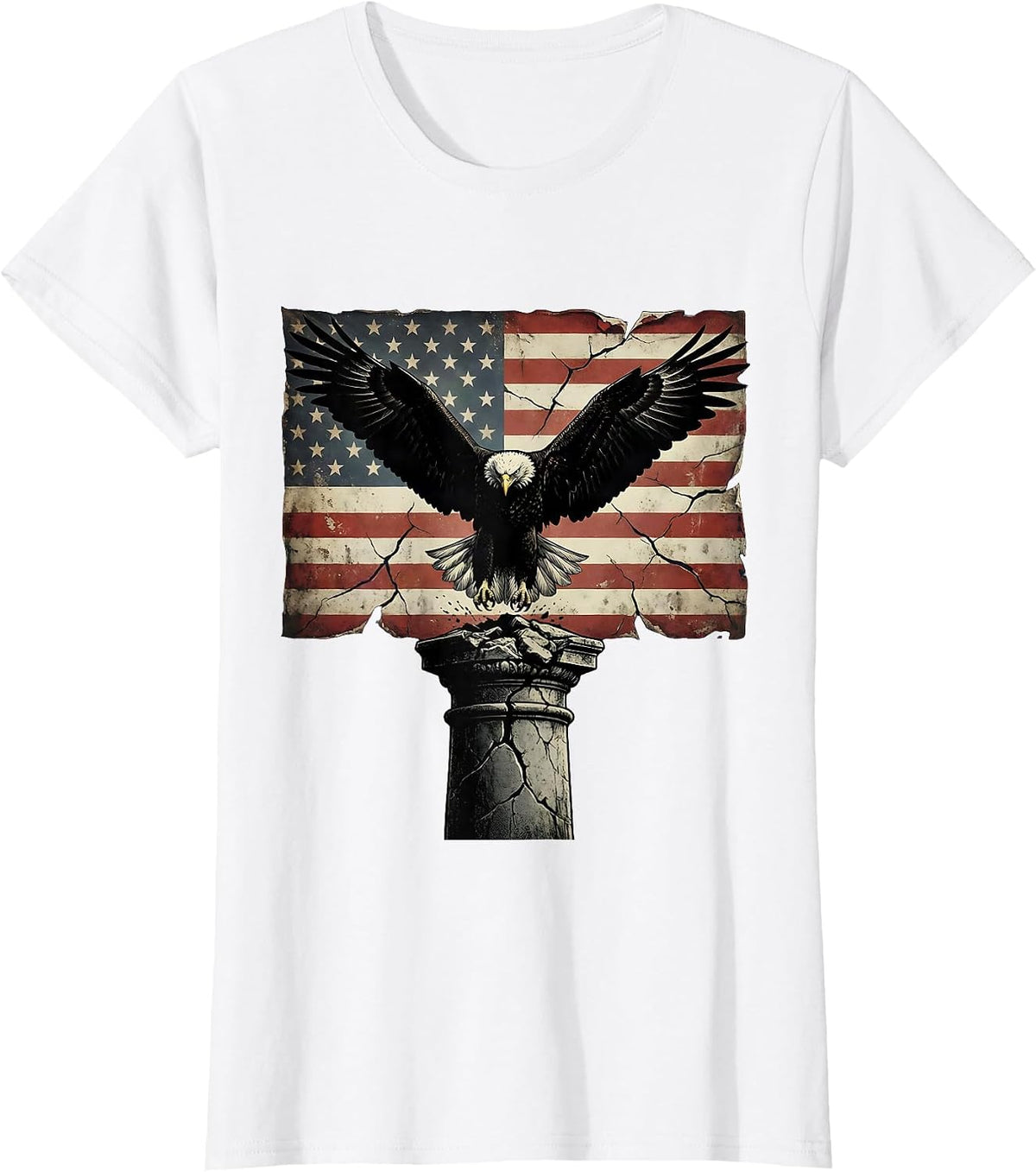 Women's Eagle Landing on Cracked Stone Pedestal Design T-Shirt - White