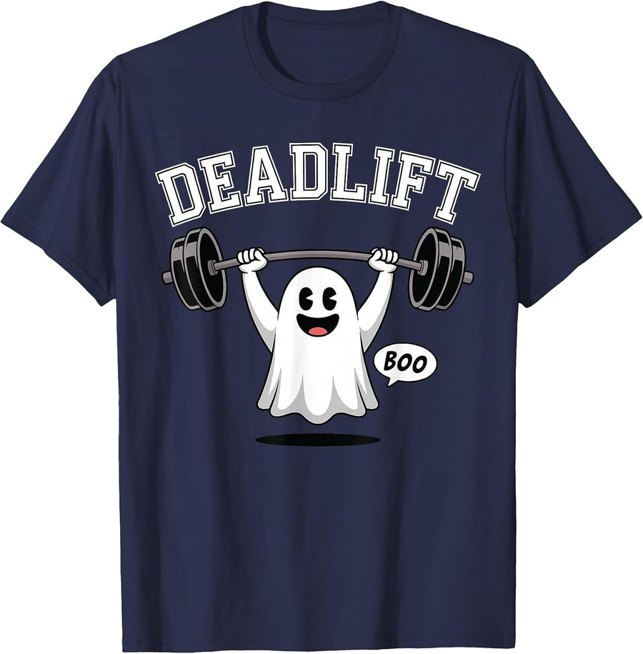 Weightlifting Boo Funny Halloween Ghost Bodybuilding Workout T-Shirt - Navy Blue