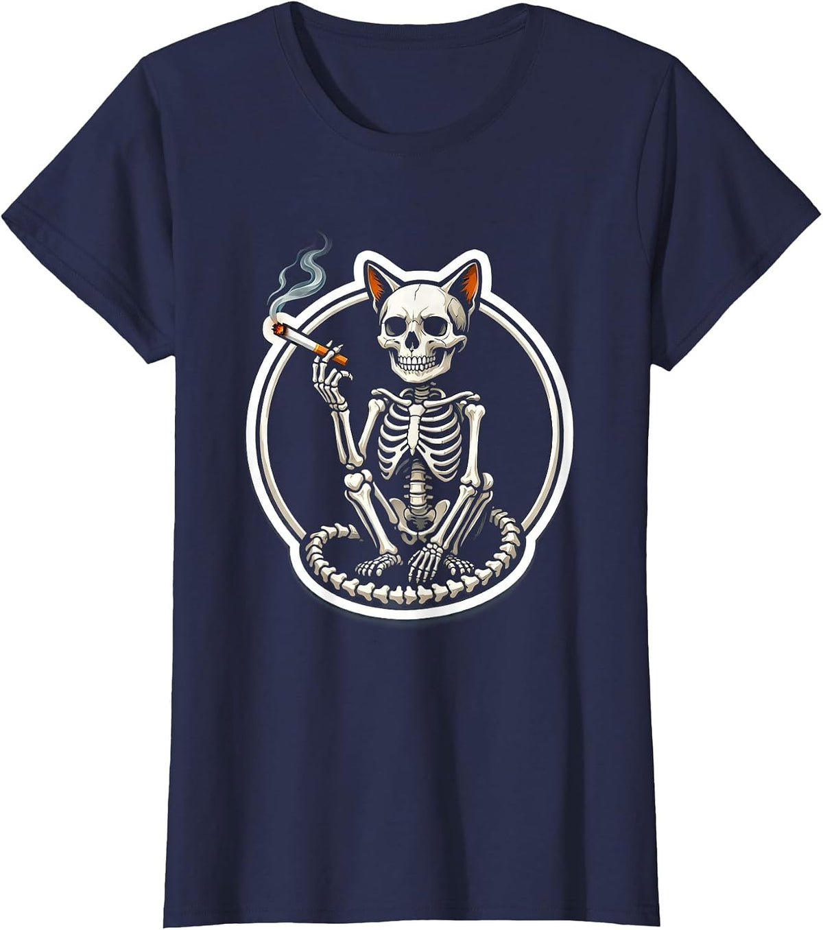 Women's Skeletal Cat Smoking Cigarette Dark Art Graphic T-Shirt - Navy Blue