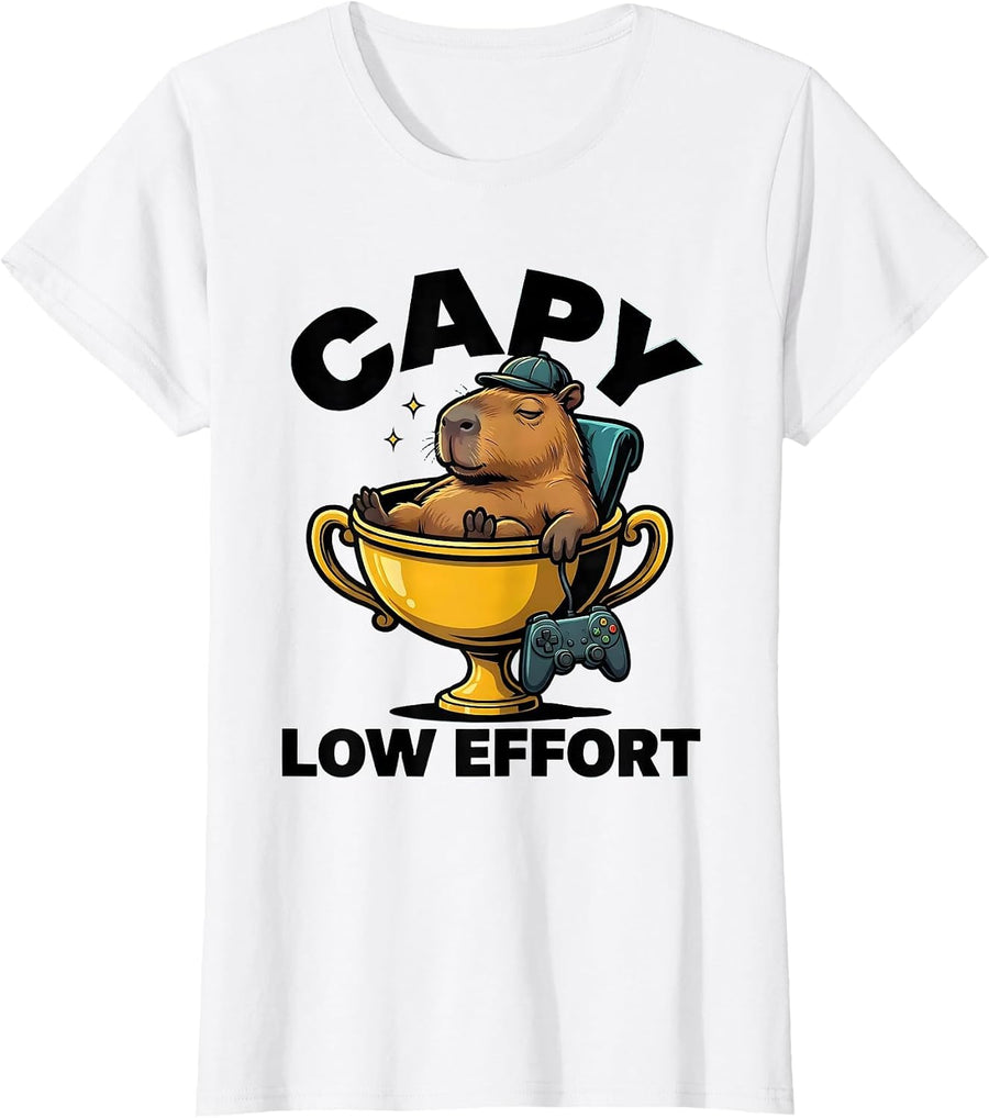 Women's capy low effort Funny Capybara Gamer Gaming Video Games T-Shirt - White