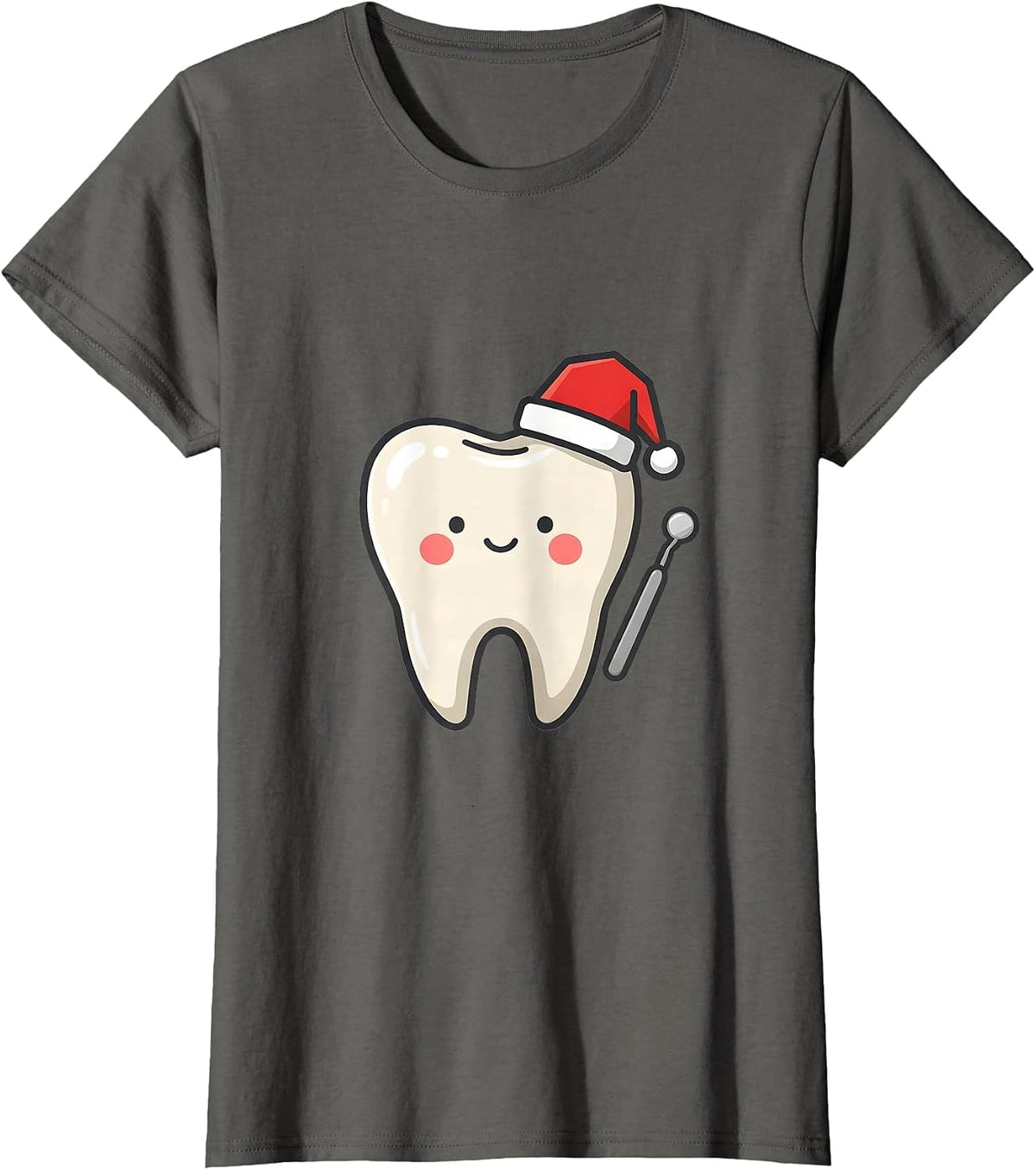 Women's Rounded Tooth Santa Hat Cute Dentist Christmas Dental Crew T-Shirt - Asphalt Grey