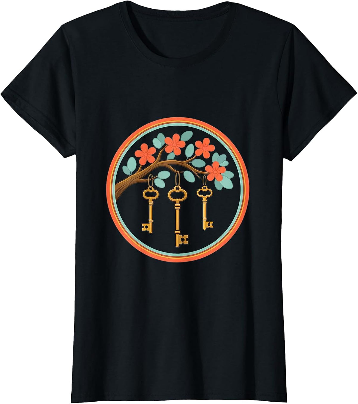 Women's Special Education Keys Blooming Tree Branch Design T-Shirt - Black