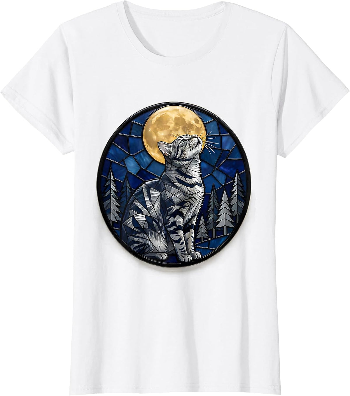 Grey Tabby Cat Howling at Moon Stained Glass 90's Retro T-Shirt - White