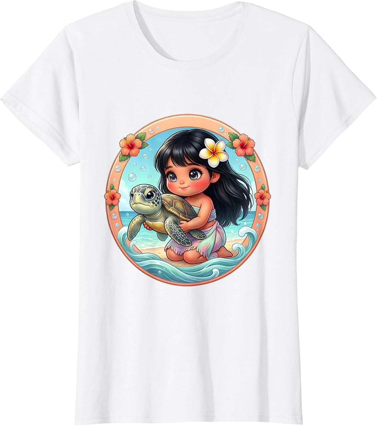 Women's Hawaiian Girl Releasing Sea Turtle Ocean Art T-Shirt - White