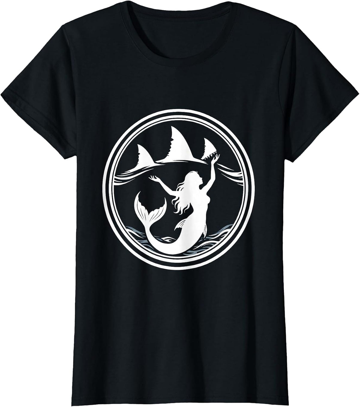 Mermaid with Circling Shark Fins Illustration T-Shirt - Black