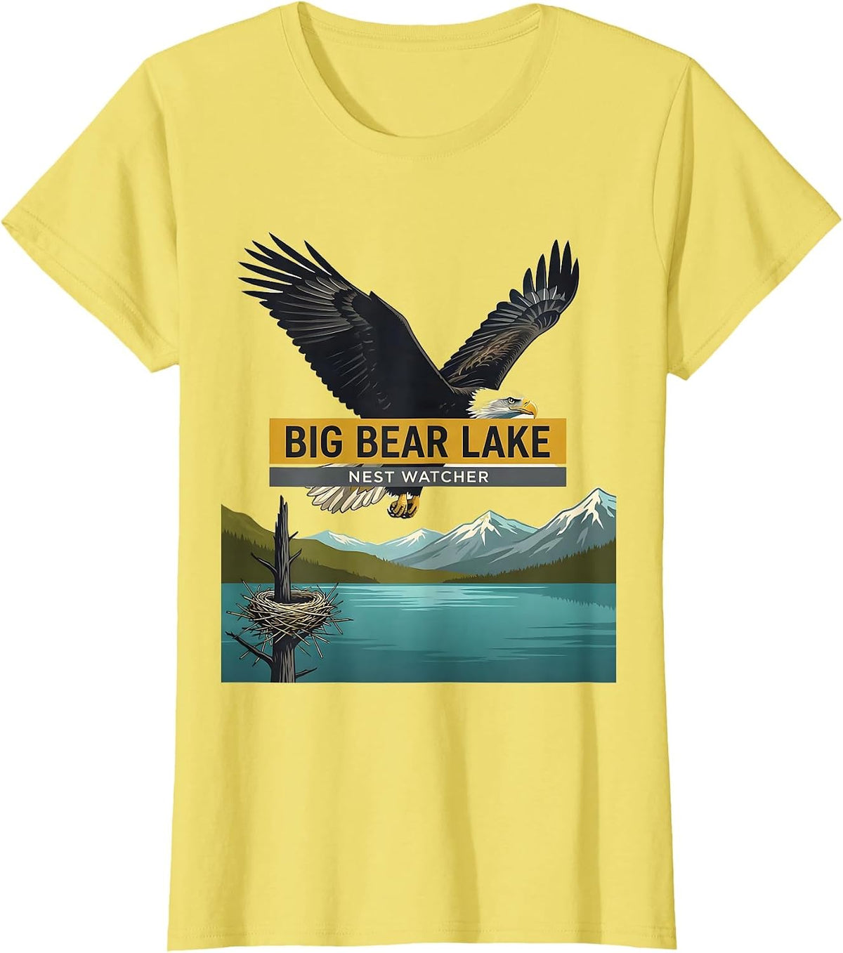 Women's Big Bear Lake Nest Watcher Midcentury Modern Bald Eagle T-Shirt - Lemon Yellow