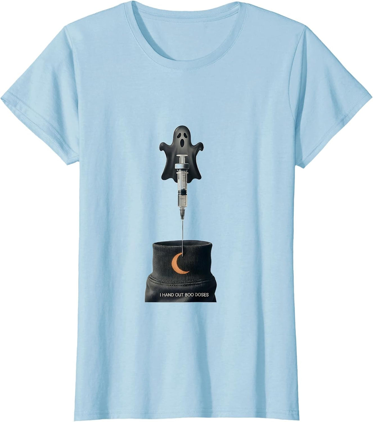 I Hand Out Boo Doses Funny Nurse Ghost Halloween Vaccine T-Shirt - Baby Blue