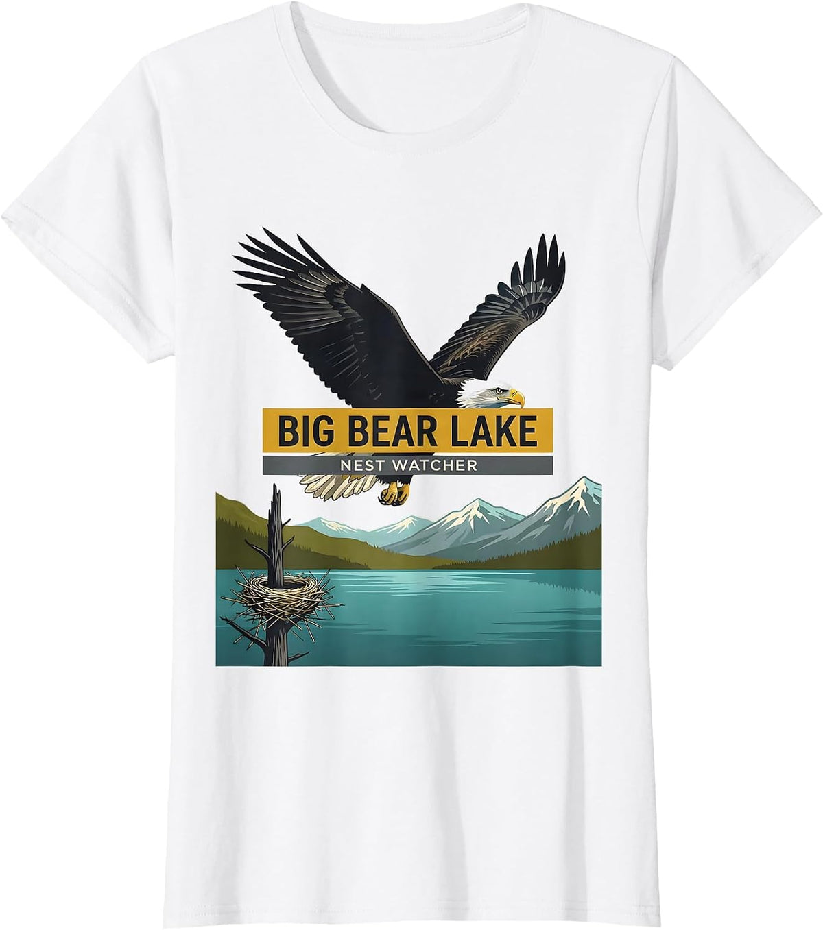 Women's Big Bear Lake Nest Watcher Midcentury Modern Bald Eagle T-Shirt - White