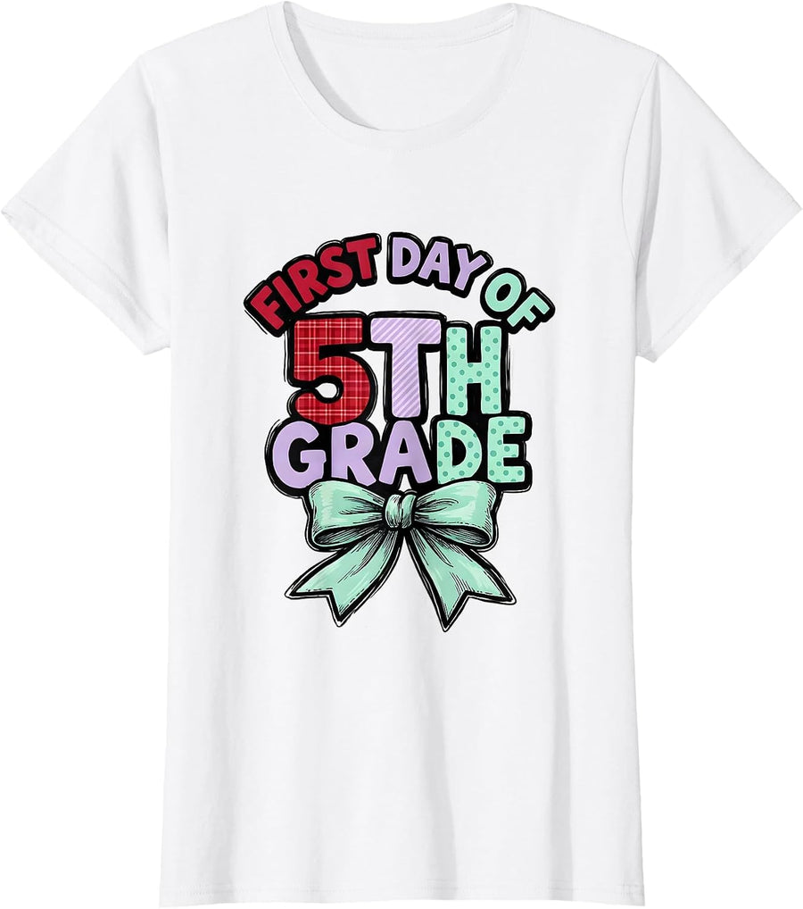 Women's First Day Of 5th Grade Coquette Bow Teacher Girl Back To T-Shirt - White