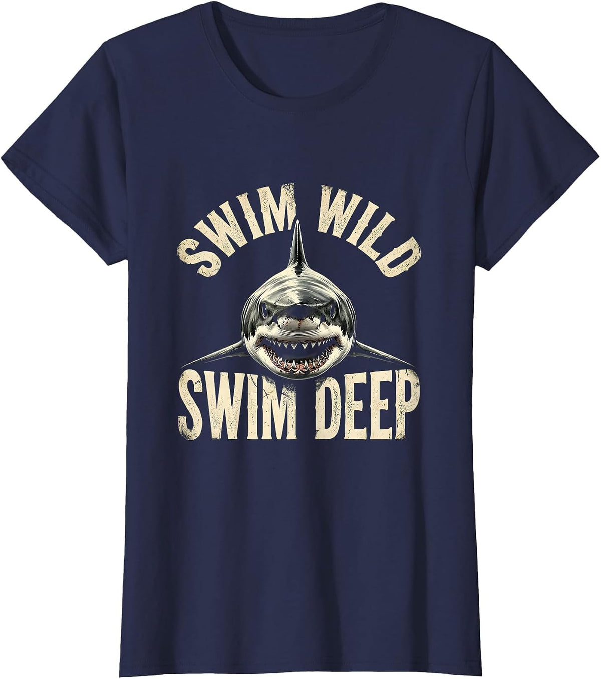 Women's Swim Wild Swim Deep Shark Graphic Design T-Shirt - Navy Blue