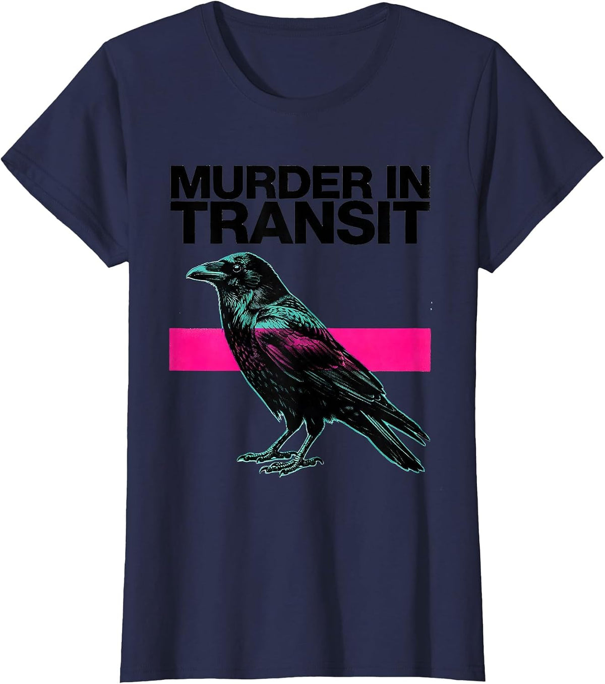 Women's Murder In Transit Risograph Dark Humor Crow Raven Gothic T-Shirt - Navy Blue
