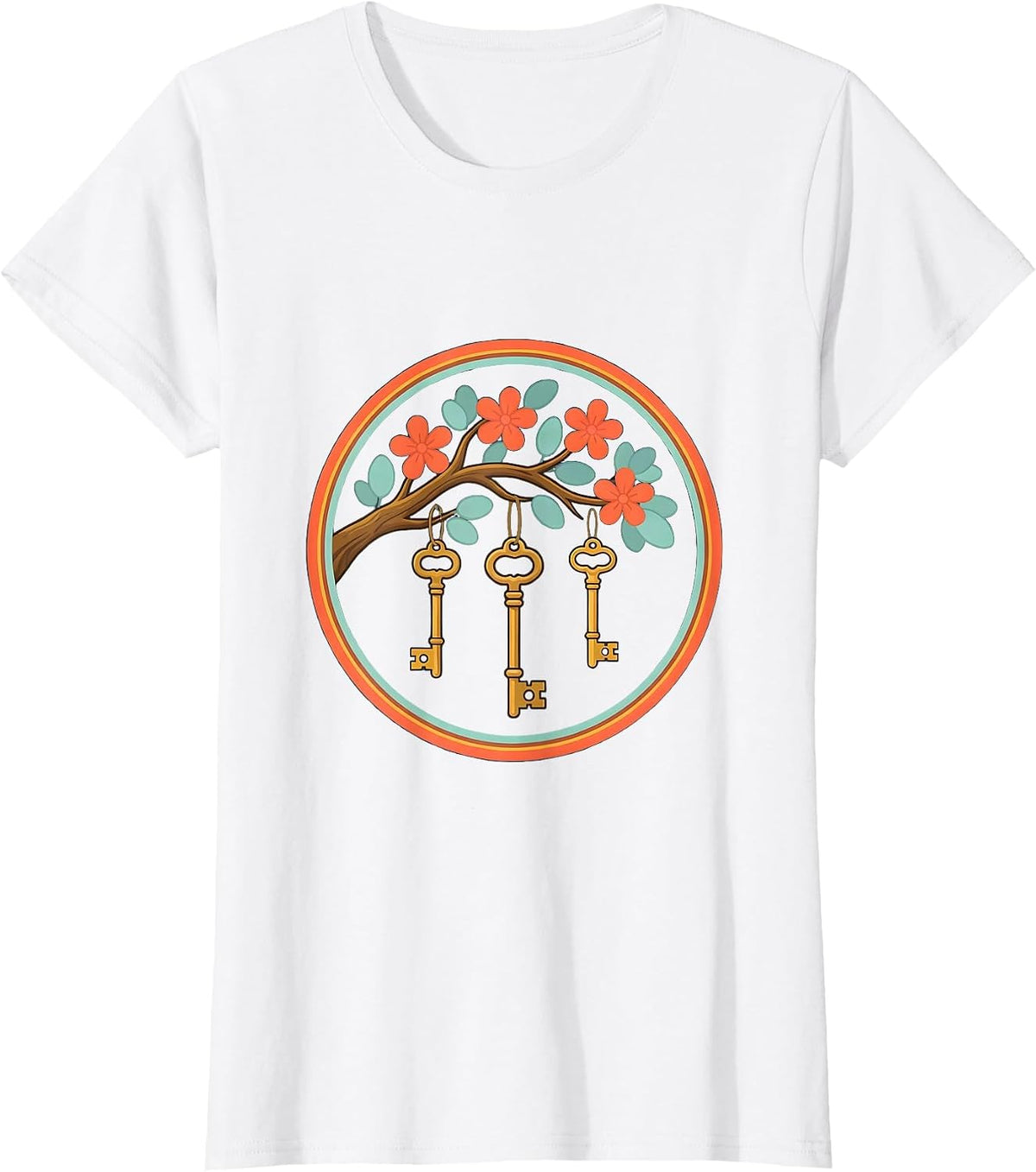 Women's Special Education Keys Blooming Tree Branch Design T-Shirt - White