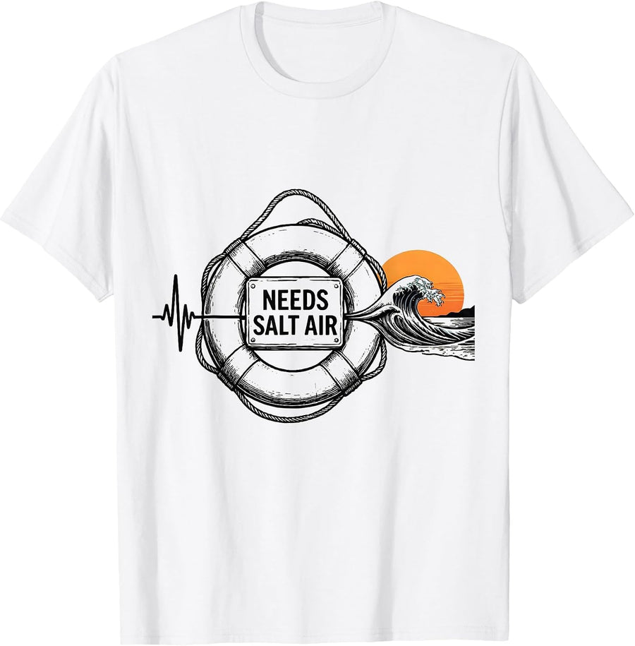 Men's Needs Salt Air Line Art Lifebuoy Pulse Wave Beach Ocean T-Shirt - White