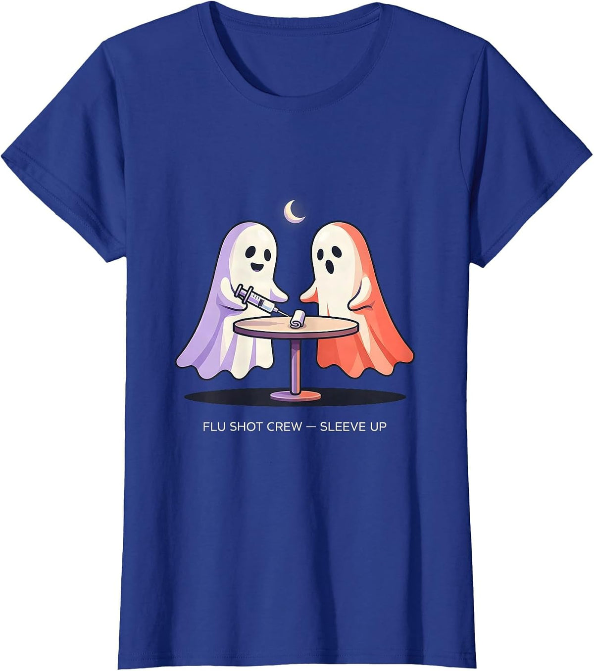 Women's Flu Shot Crew Sleeve Up Funny Halloween Nurse Ghost Vaccine T-Shirt - Royal Blue