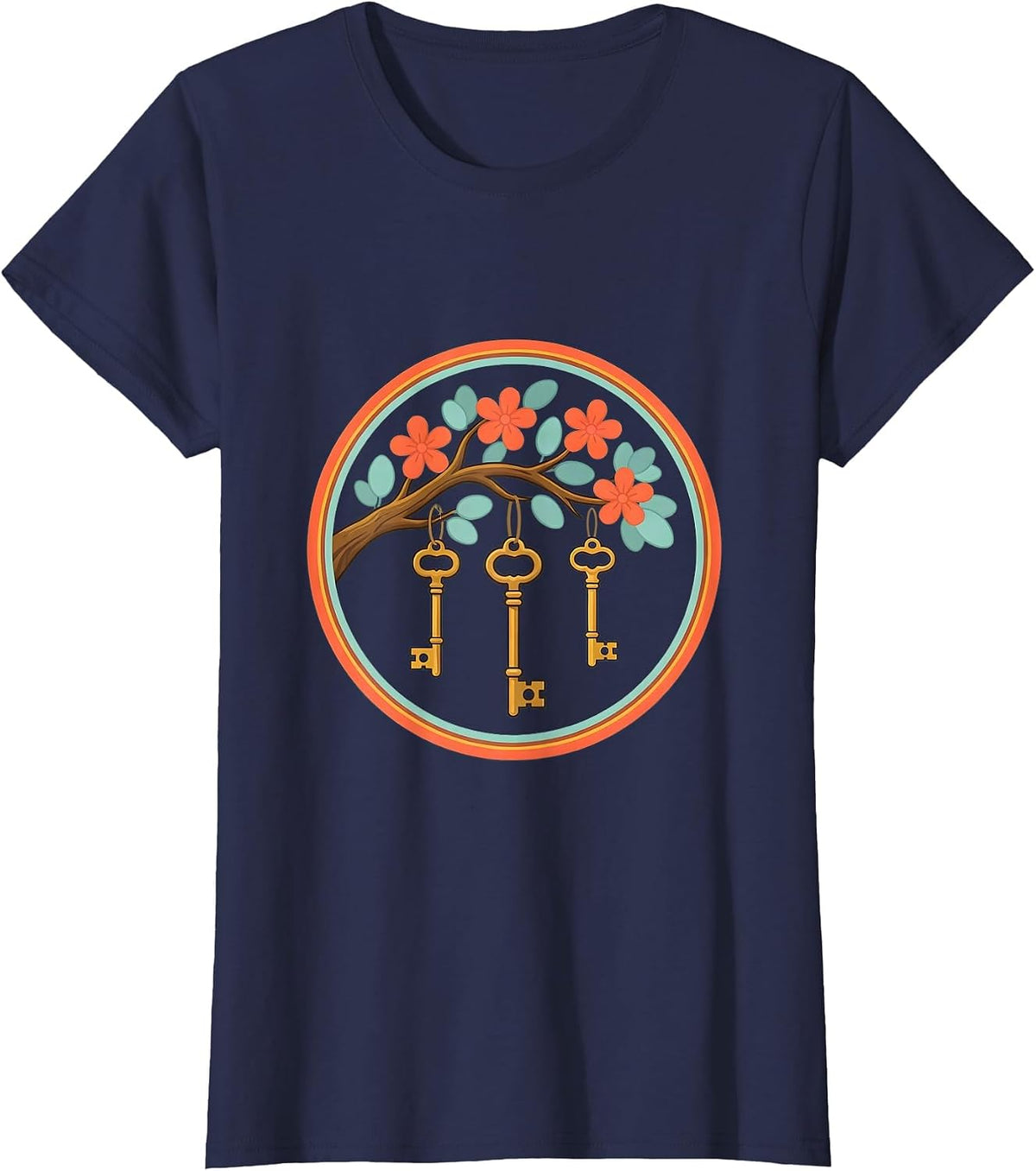 Women's Special Education Keys Blooming Tree Branch Design T-Shirt - Navy Blue