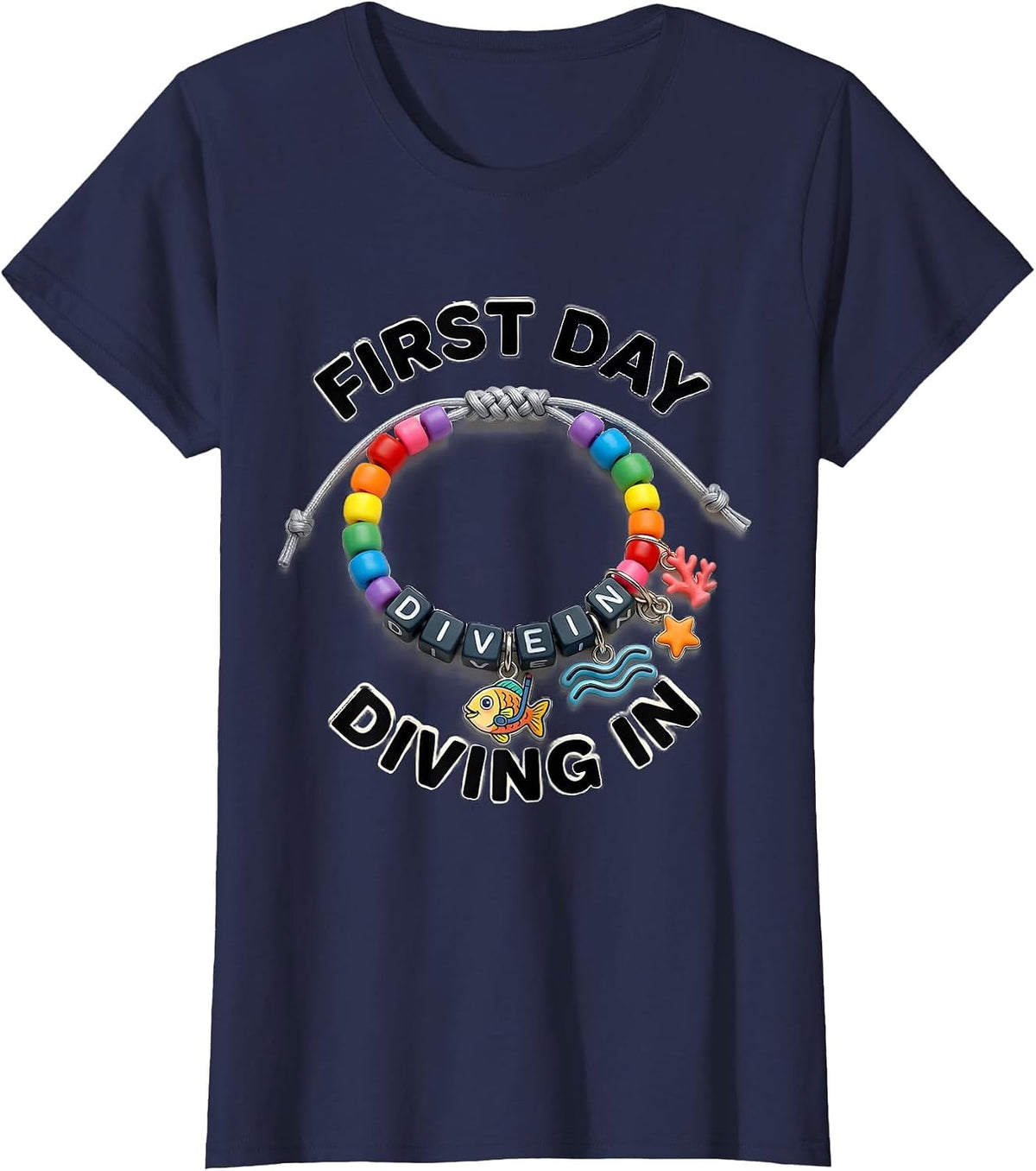 Women's First Day, Diving In Playful Teacher Back to School Sea T-Shirt - Navy Blue