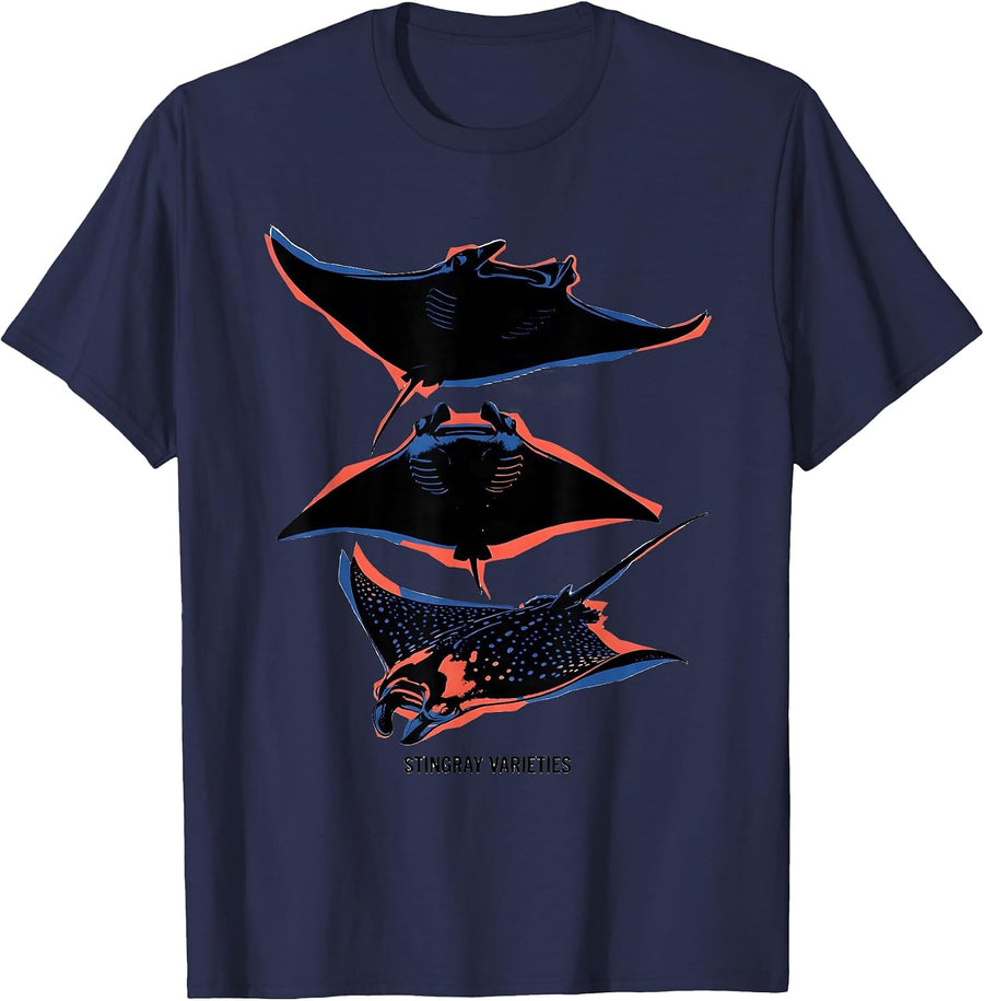Stingray Varieties Ocean Life Marine Enthusiast Scuba Diver T-Shirt - Navy Blue