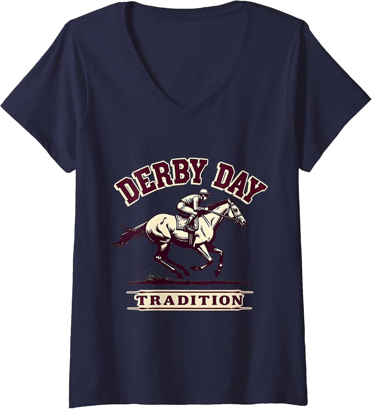 Women's Derby Day Tradition Classic Horse Racing Design V-Neck T-Shirt - Navy Blue