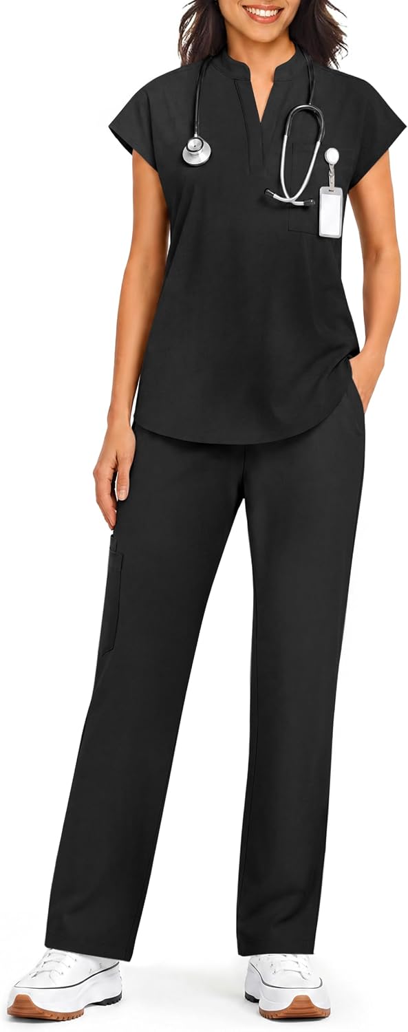 Women's Scrub Set V-Neck Top & Straight-Leg Pants with 7 Pockets - Black