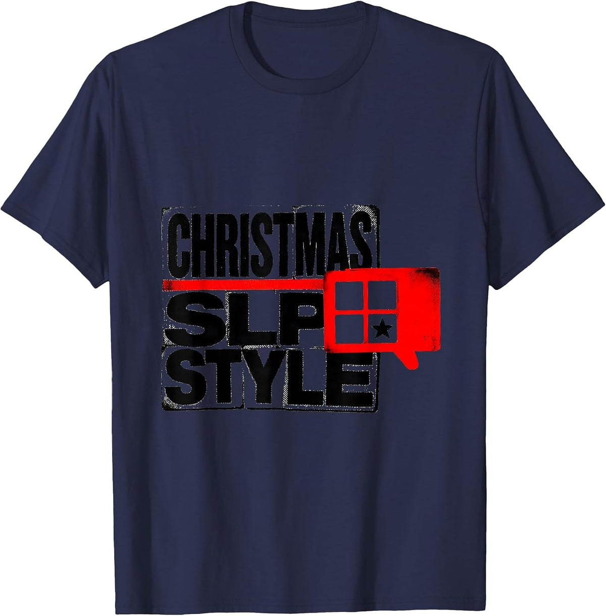 Men's Christmas SLP Style Wood Type Letterpress Speech Therapist T-Shirt - Navy Blue