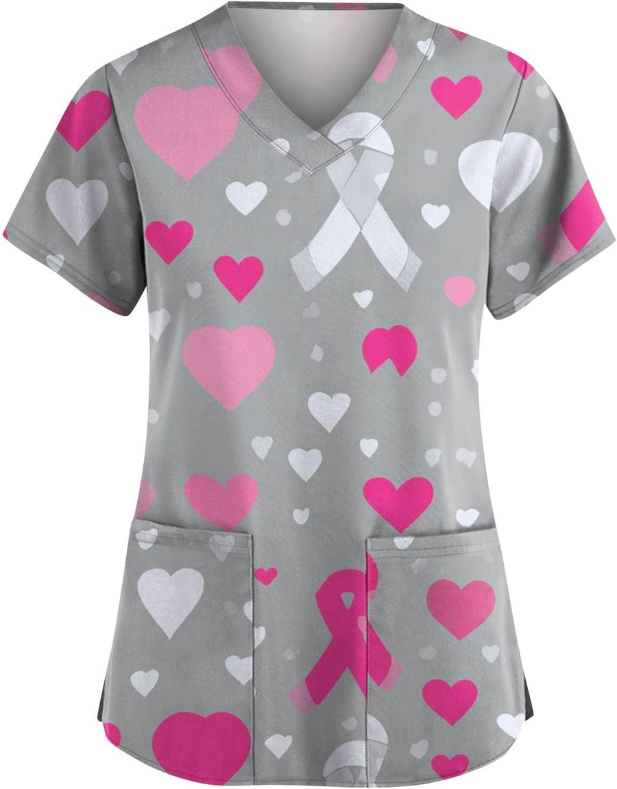 Breast Cancer Scrub Tops Women Plus Size Stretch V Neck Short Sleeve Nursing Scrub Shirts Lightweight Medical Uniform Pink