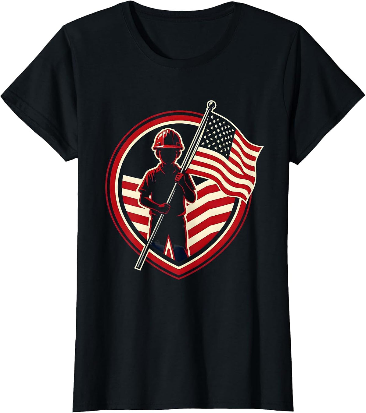 Young Patriot Boy Hardhat American Flag Illustration T-Shirt - Black