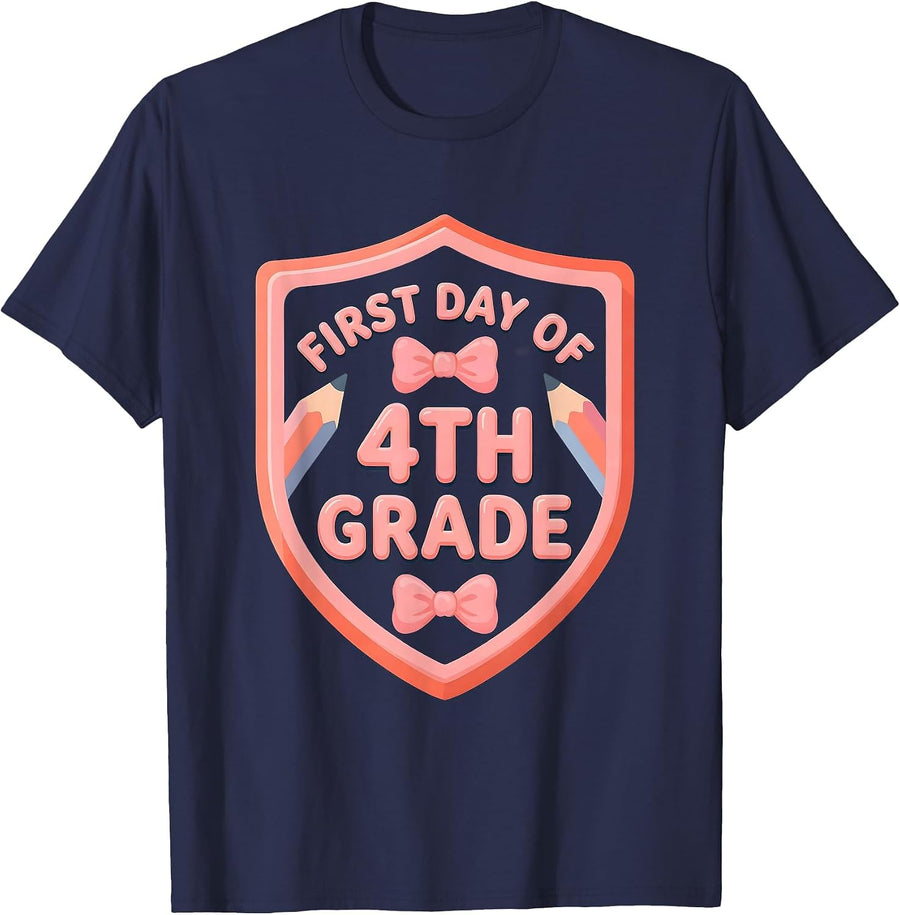 First Day Of 4th Grade Coquette Back To School Girls Kids T-Shirt - Navy Blue