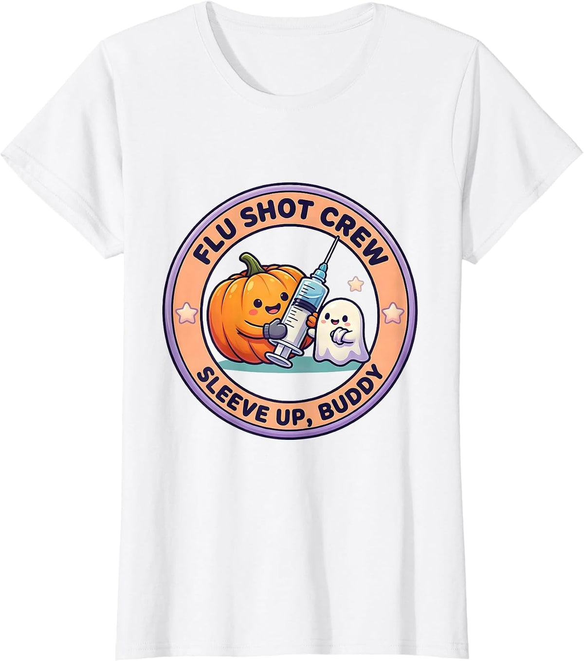 Women's Flu Shot Crew Sleeve Up Buddy Cute Kawaii Halloween Nurse T-Shirt - White