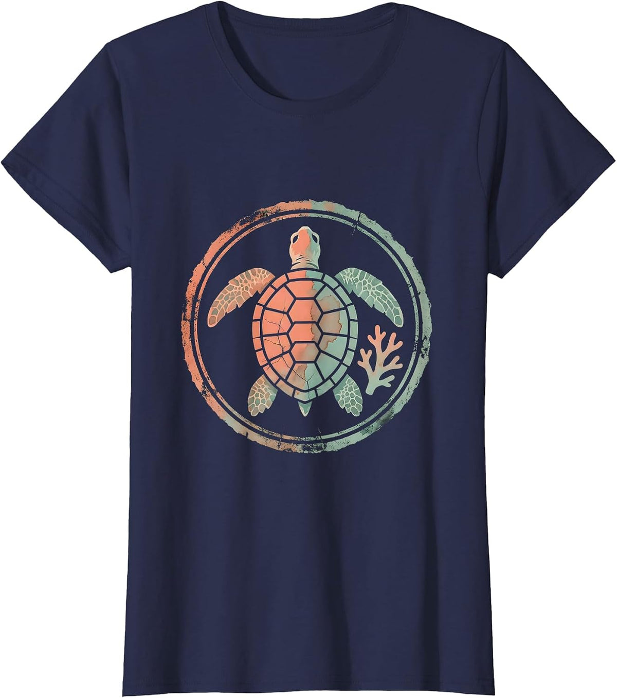 Women's Kids Sea Turtle Colorful Coral Reef Hawaiian Design T-Shirt - Navy Blue