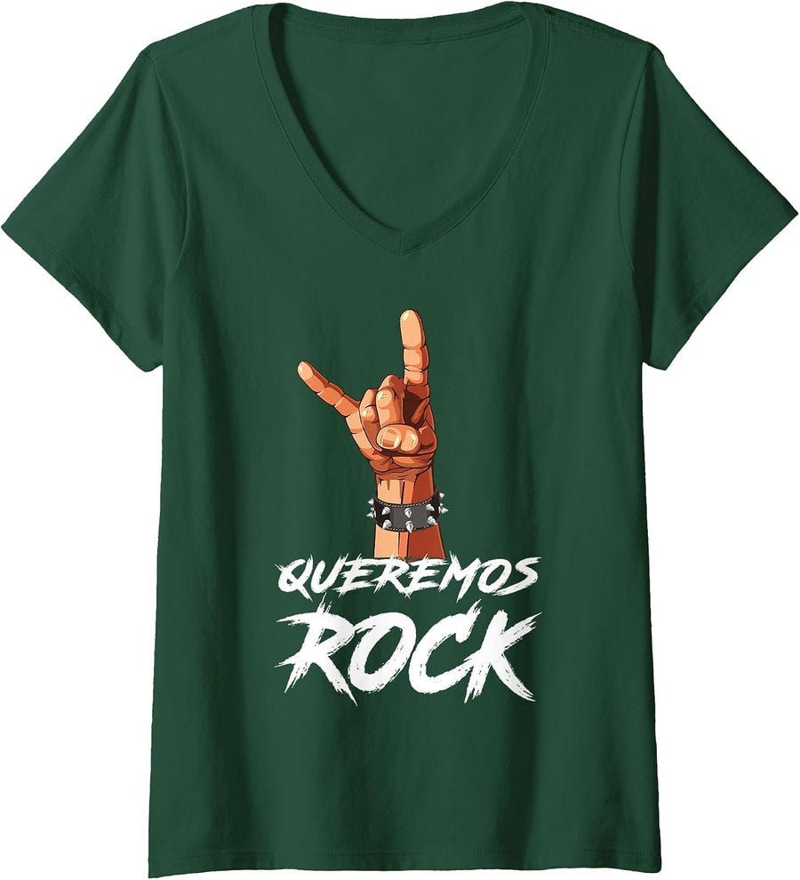 Women's Rock En Español Playera Queremos Rock V-Neck T-Shirt - Dark Green