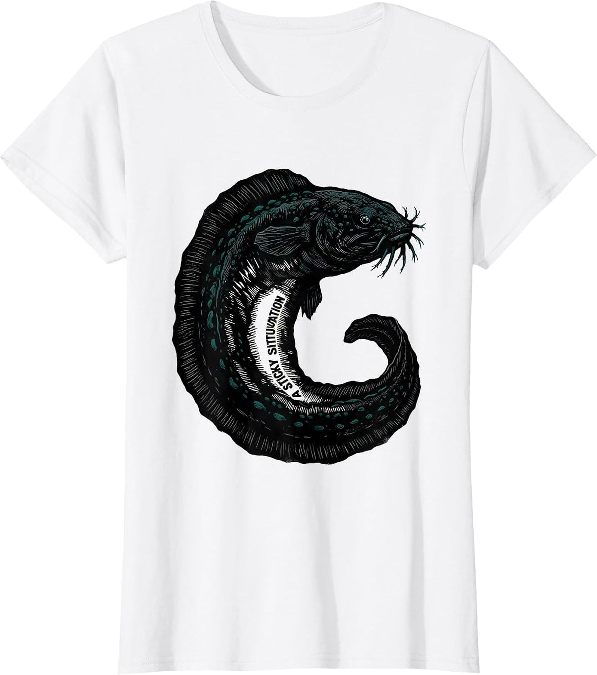 A Sticky Situation Linocut Shark Humor Ocean Wildlife T-Shirt - White