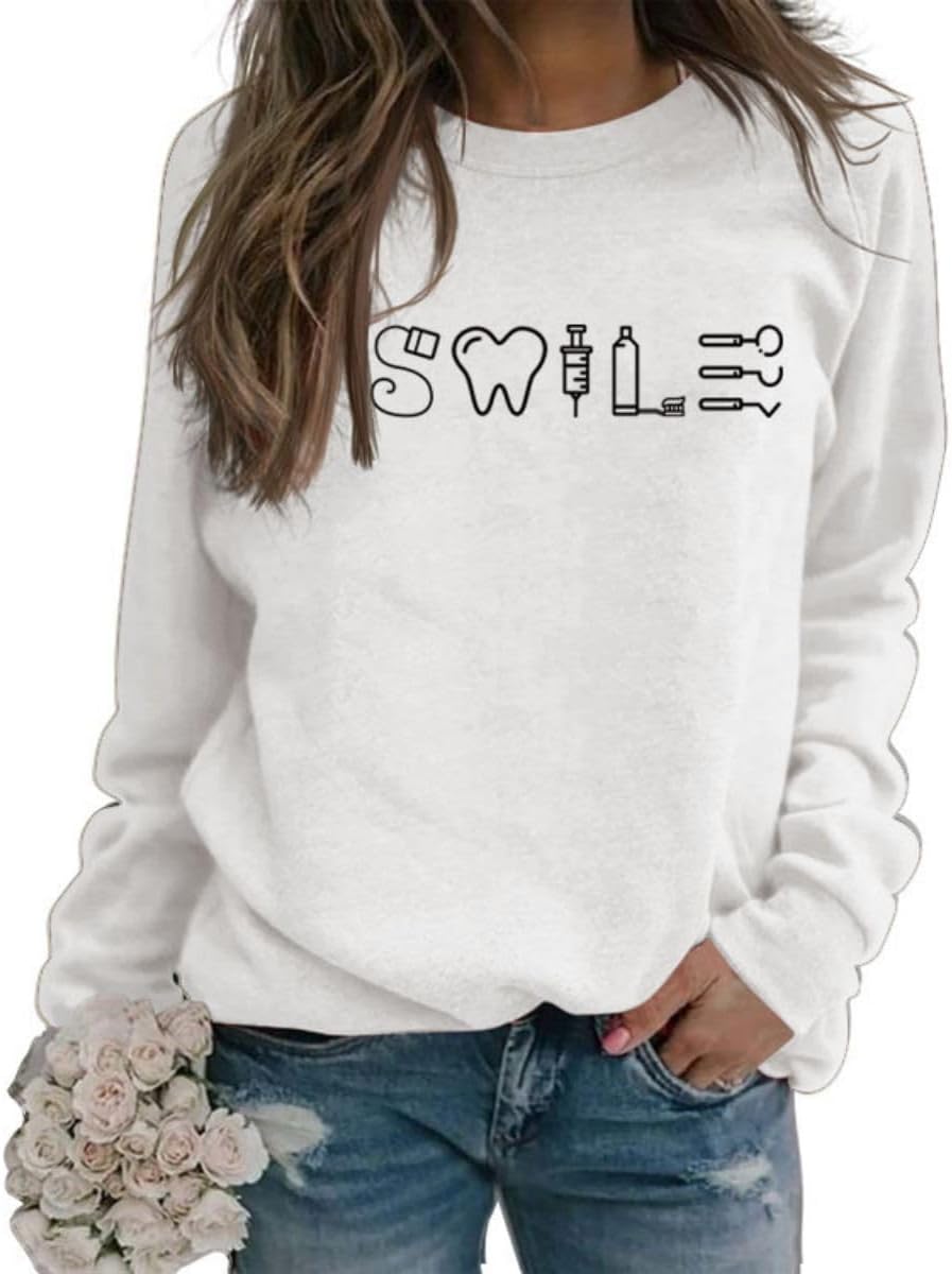 Smile Teeth Sweatshirt for Women Dentist Crewneck Sweatshirt Smile Dental Long Sleeve Shirt Dental Student Shirt - White
