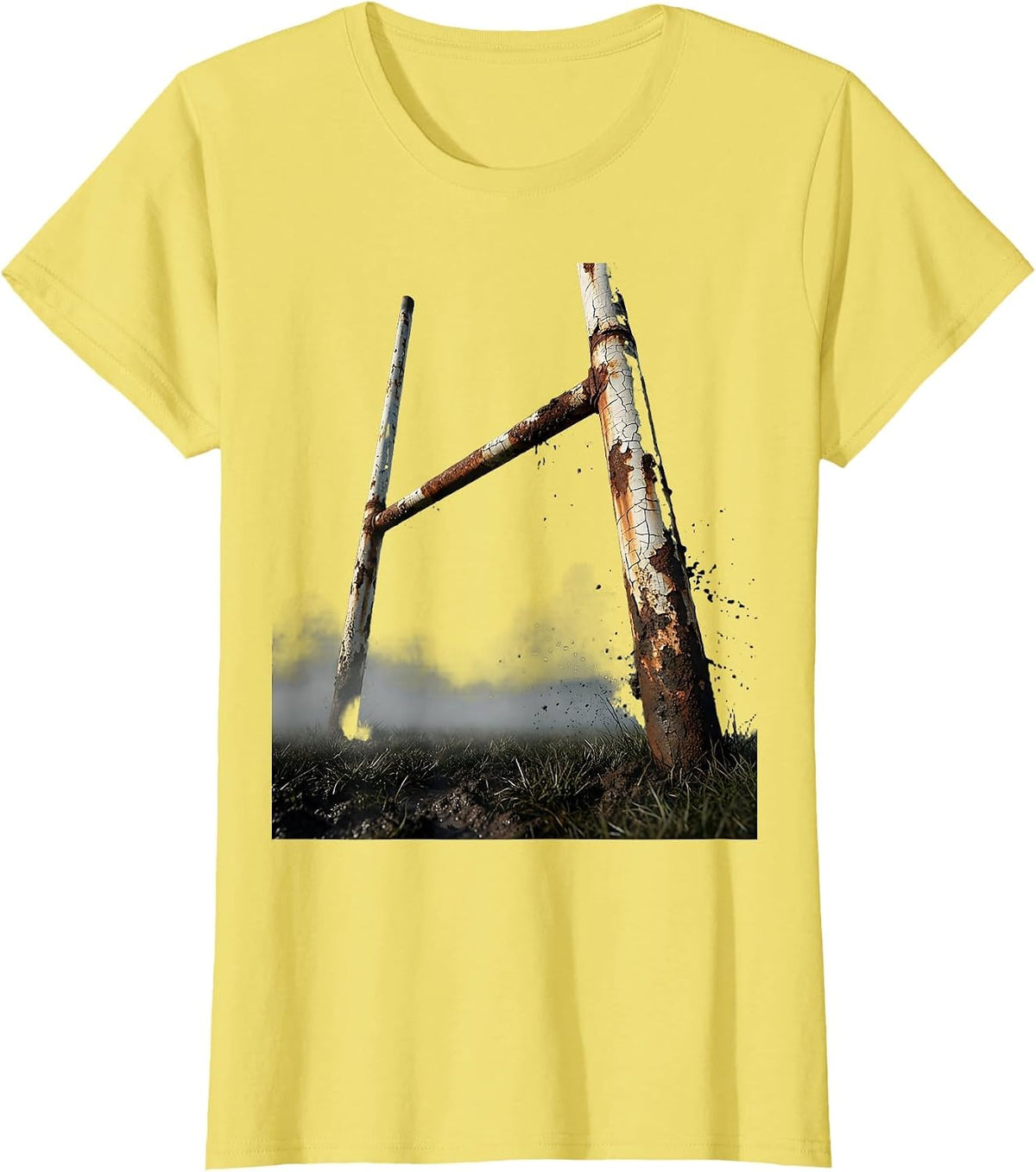 Weathered Rugby Post Misty Field Illustration T-Shirt - Lemon Yellow