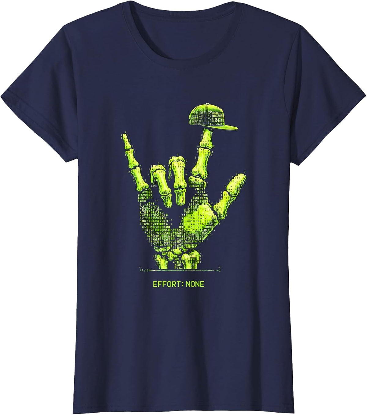 Women's Effort: None Ascii Terminal Art Skeleton Rock On Bruh T-Shirt - Navy Blue